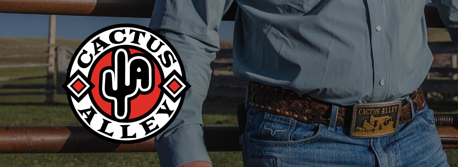 Man wearing Cactus Alley belt buckle. 