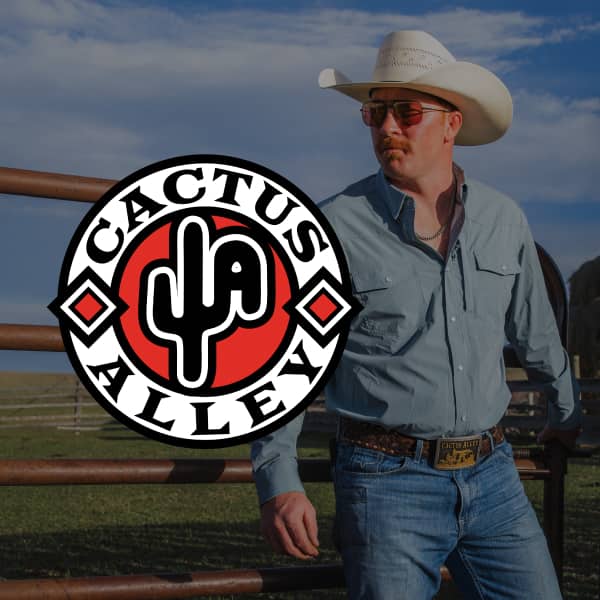 Man wearing Cactus Alley belt buckle. 
